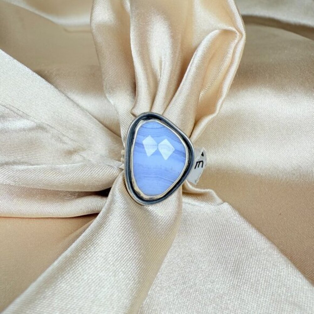 Artisan Silver Ring with Faceted Blue Lace Agate Natural Gemstone Jewelry Size 7